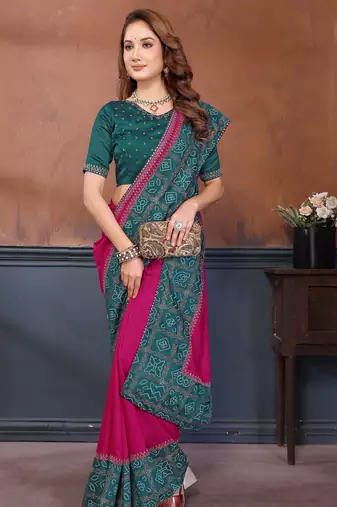 Pink vichitra silk bandhani patta stone work saree with contrast blouse piece