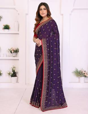 Purple vichitra silk embroidery work saree with contrast blouse piece 3