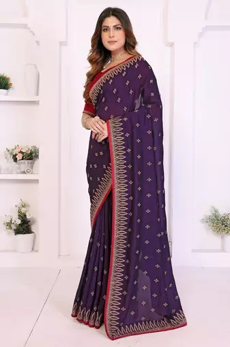 Purple vichitra silk embroidery work saree with contrast blouse piece