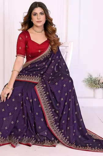 Purple vichitra silk embroidery work saree with contrast blouse piece