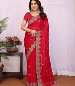 Red chiffon sequence work saree with matching blouse piece