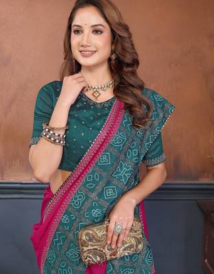 Pink vichitra silk bandhani patta stone work saree with contrast blouse piece 5