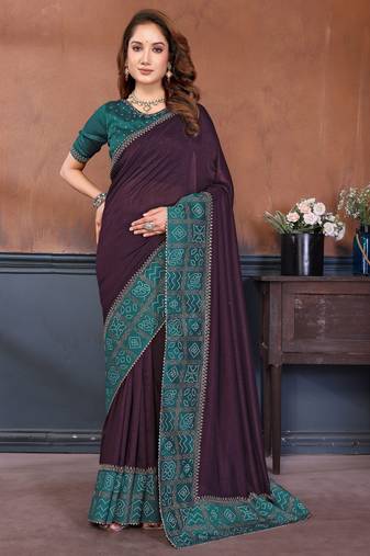 Wine vichitra silk bandhani patta stone work saree with contrast blouse piece