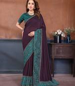 Wine vichitra silk bandhani patta stone work saree with contrast blouse piece