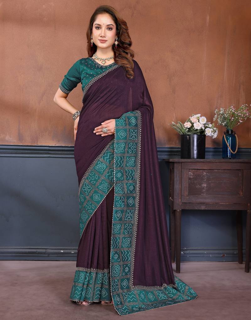 Wine vichitra silk bandhani patta stone work saree with contrast blouse piece