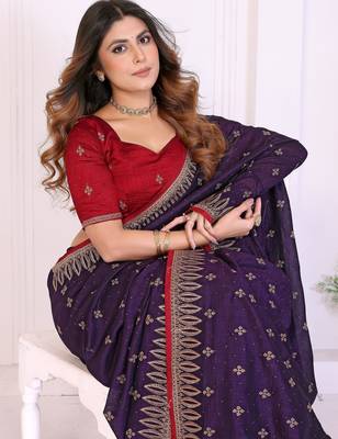 Purple vichitra silk embroidery work saree with contrast blouse piece 5