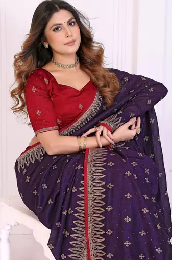 Purple vichitra silk embroidery work saree with contrast blouse piece