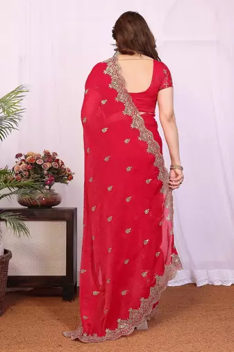 Red chiffon sequence work saree with matching blouse piece