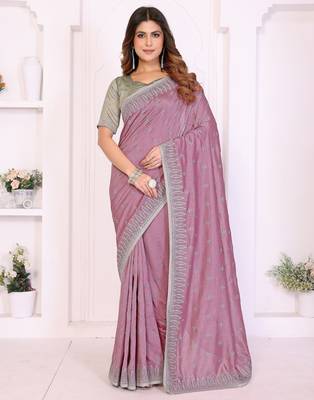 Pink vichitra silk embroidery work saree with contrast blouse piece 1