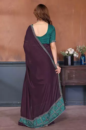 Wine vichitra silk bandhani patta stone work saree with contrast blouse piece