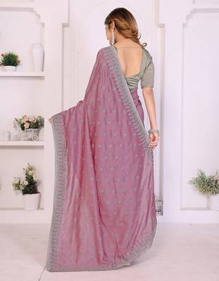 Pink vichitra silk embroidery work saree with contrast blouse piece 2