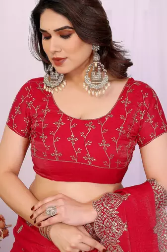 Red chiffon sequence work saree with matching blouse piece
