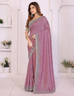 Pink vichitra silk embroidery work saree with contrast blouse piece 3
