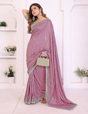 Pink vichitra silk embroidery work saree with contrast blouse piece 4