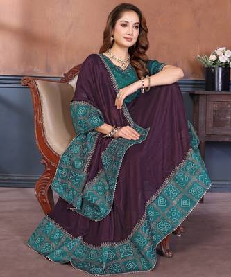 Wine vichitra silk bandhani patta stone work saree with contrast blouse piece 4