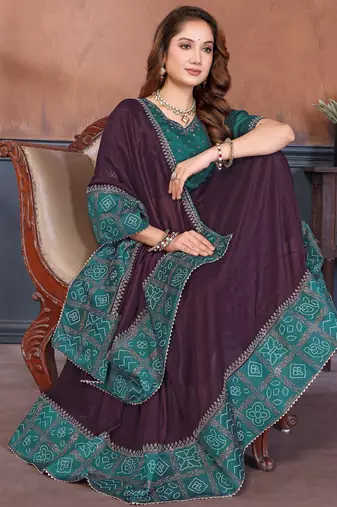 Wine vichitra silk bandhani patta stone work saree with contrast blouse piece