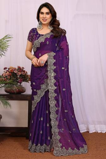 Purple chiffon sequence work saree with matching blouse piece
