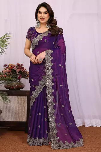 Purple chiffon sequence work saree with matching blouse piece