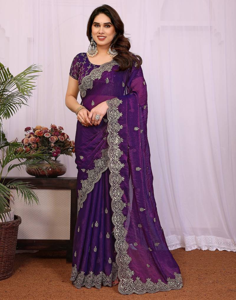 Purple chiffon sequence work saree with matching blouse piece