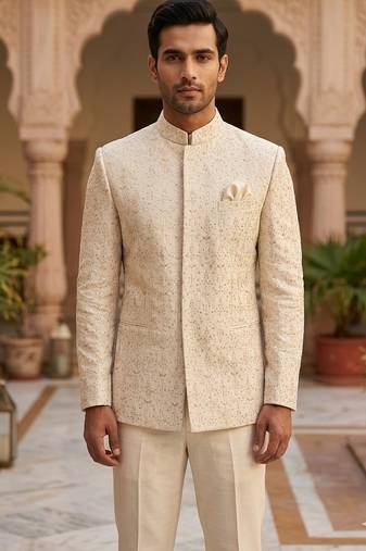 Beige color sequence dhaga embroidery jodhpuri for men | premium designer bandhgala ethnic wear