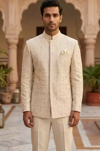 Beige color sequence dhaga embroidery jodhpuri for men | premium designer bandhgala ethnic wear