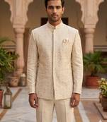 Beige color sequence dhaga embroidery jodhpuri for men | premium designer bandhgala ethnic wear