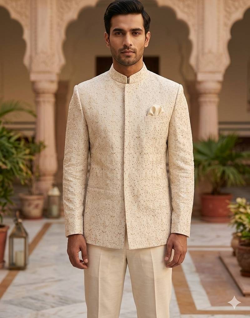Beige color sequence dhaga embroidery jodhpuri for men | premium designer bandhgala ethnic wear