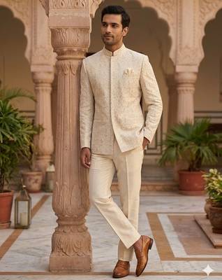 Beige color sequence dhaga embroidery jodhpuri for men | premium designer bandhgala ethnic wear 2