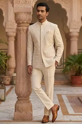 Beige color sequence dhaga embroidery jodhpuri for men | premium designer bandhgala ethnic wear