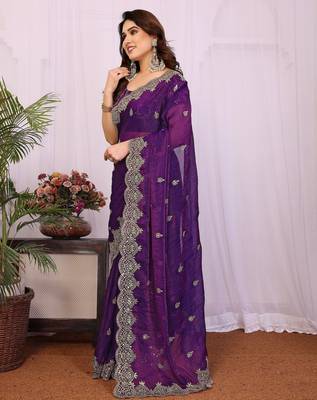 purple chiffon saree with sequin work and blouse piece 2