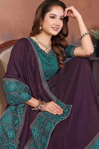 Wine vichitra silk bandhani patta stone work saree with contrast blouse piece