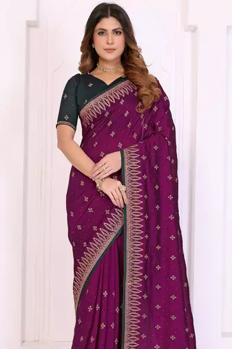 Burgundy vichitra silk embroidery work saree with contrast blouse piece