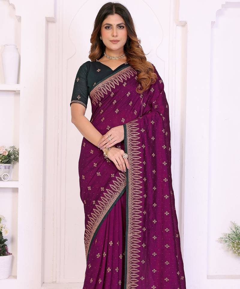 Burgundy vichitra silk embroidery work saree with contrast blouse piece