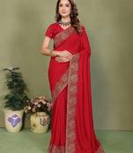 Teal vichitra silk bandhani patta stone work saree with contrast blouse piece