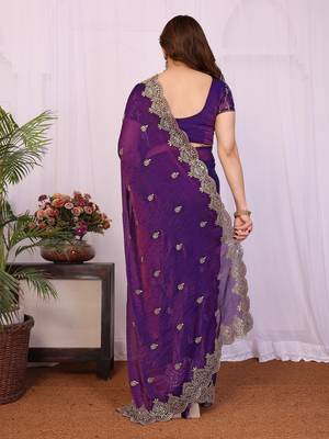 purple chiffon saree with sequin work and blouse piece 3