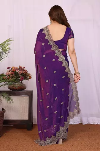 Purple chiffon sequence work saree with matching blouse piece