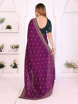 Burgundy vichitra silk embroidery work saree with contrast blouse piece 2