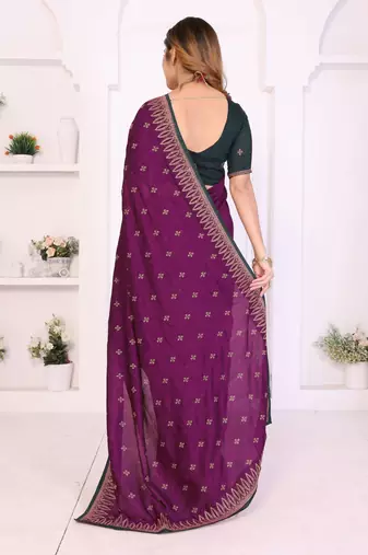 Burgundy vichitra silk embroidery work saree with contrast blouse piece
