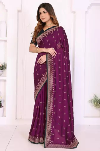 Burgundy vichitra silk embroidery work saree with contrast blouse piece
