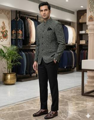Green and black crushed fabric jacquard jodhpuri for men | premium designer bandhgala ethnic wear 1