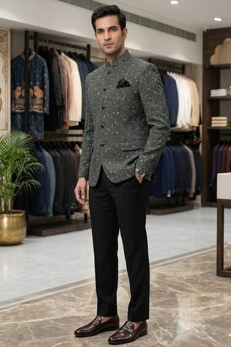 Green and black crushed fabric jacquard jodhpuri for men | premium designer bandhgala ethnic wear