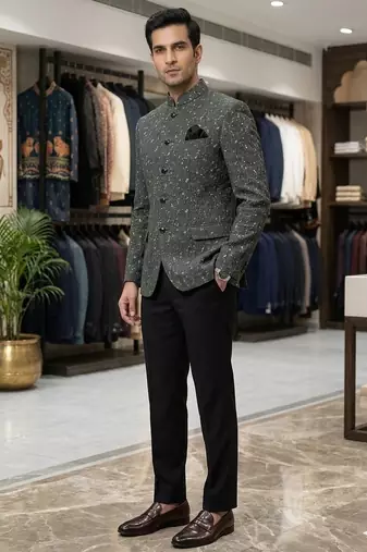 Green and black crushed fabric jacquard jodhpuri for men | premium designer bandhgala ethnic wear