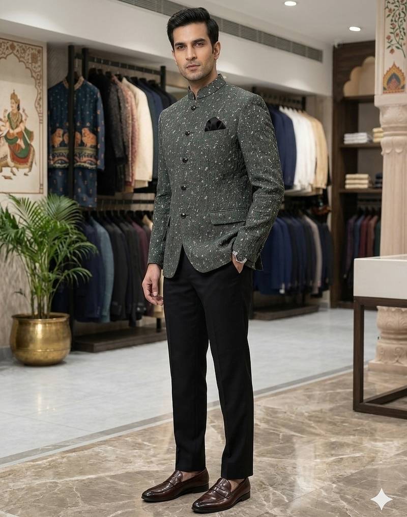 Green and black crushed fabric jacquard jodhpuri for men | premium designer bandhgala ethnic wear