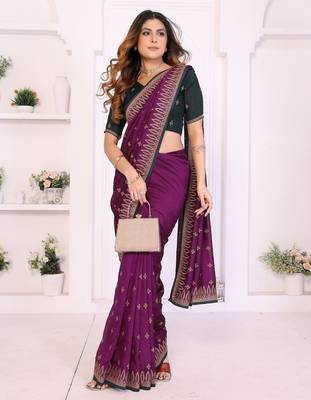 Burgundy vichitra silk embroidery work saree with contrast blouse piece 4