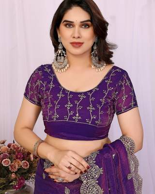 purple chiffon saree with sequin work and blouse piece 5