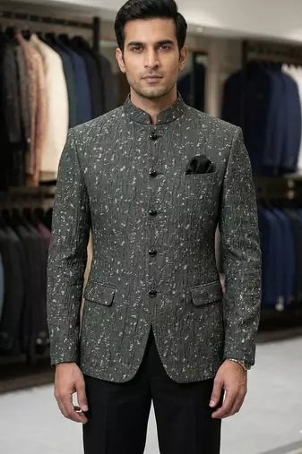 Green and black crushed fabric jacquard jodhpuri for men | premium designer bandhgala ethnic wear