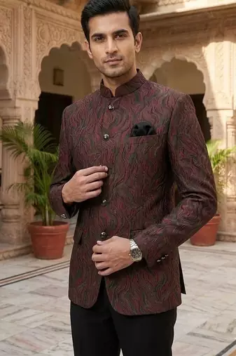 Wine & black soft sequence jacquard jodhpuri for men | premium designer bandhgala ethnic wear