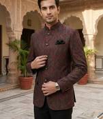Wine & black soft sequence jacquard jodhpuri for men | premium designer bandhgala ethnic wear