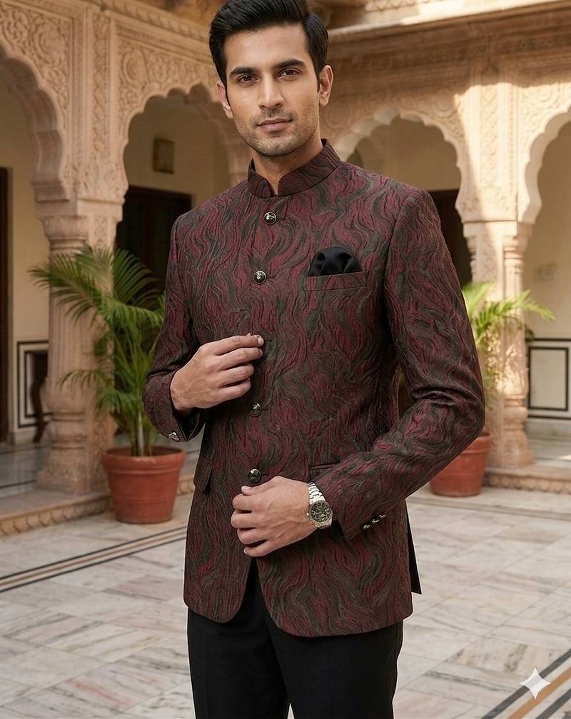 Wine & black soft sequence jacquard jodhpuri for men | premium designer bandhgala ethnic wear