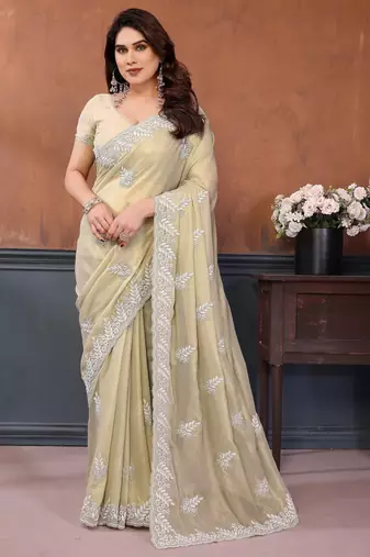 Yellow georgette embroidery resham work saree with matching blouse piece